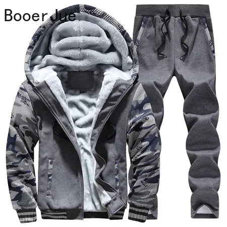 New Winter Tracksuits Men Set Thick Fleece Hoodies+Pants Suit Zipper Hooded Sweatshirt Sportswear Set Male Hoodie Sporting Suits