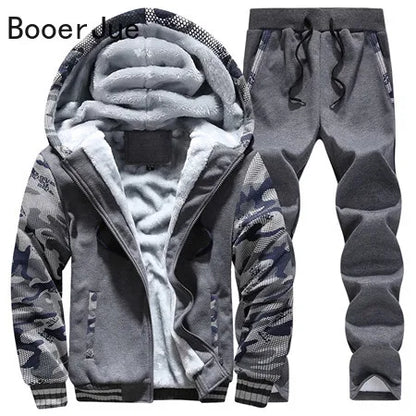 New Winter Tracksuits Men Set Thick Fleece Hoodies+Pants Suit Zipper Hooded Sweatshirt Sportswear Set Male Hoodie Sporting Suits