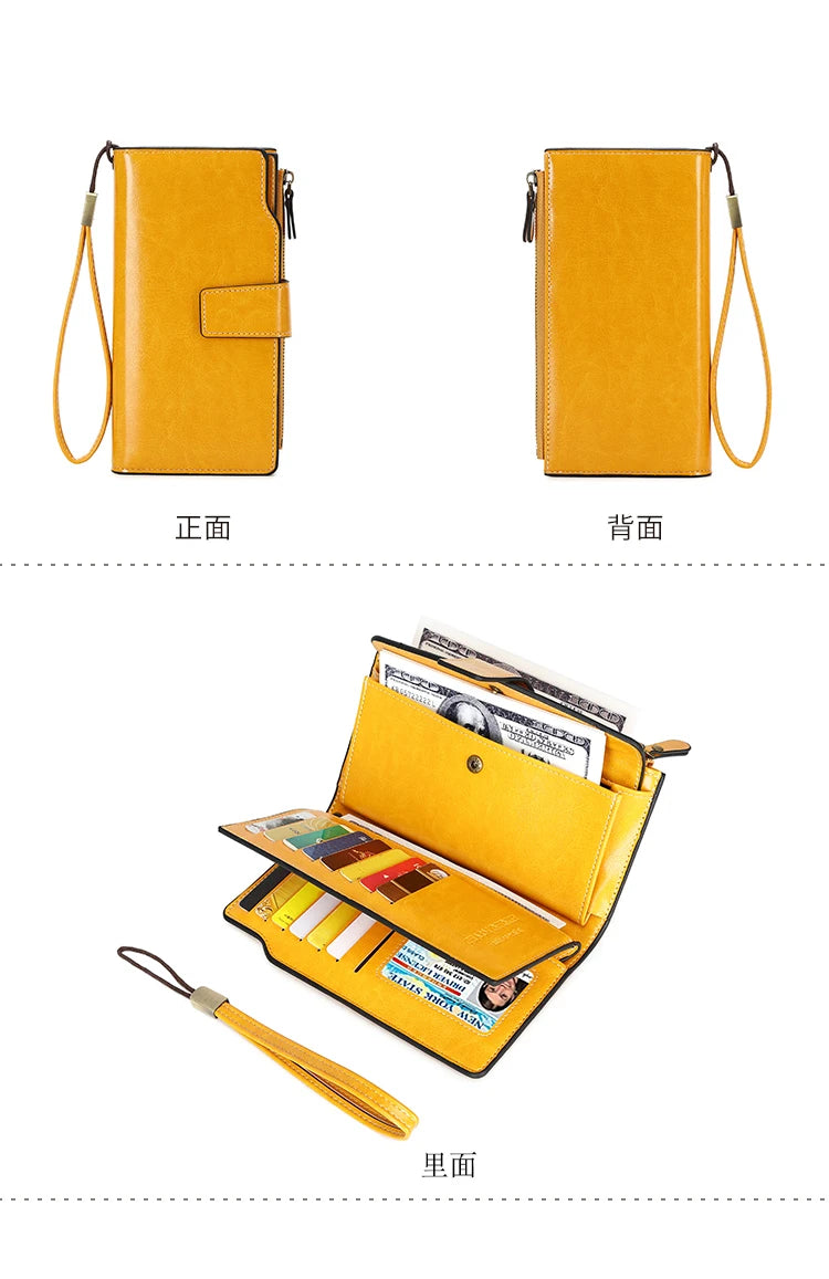 RFID retro large capacity long wallet Solid color multi-card women's purse Multi-function zipper wallet with wrist strap