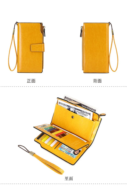 RFID retro large capacity long wallet Solid color multi-card women's purse Multi-function zipper wallet with wrist strap