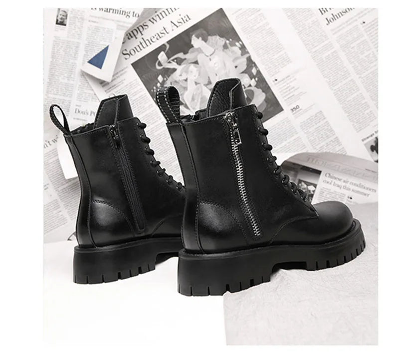 2025 Autumn Winter Shoes Men Leather Boots Thick Sole Non-slip Warm Plush Cold Winter Cow Leather Male Ankle Botas Black KA4867