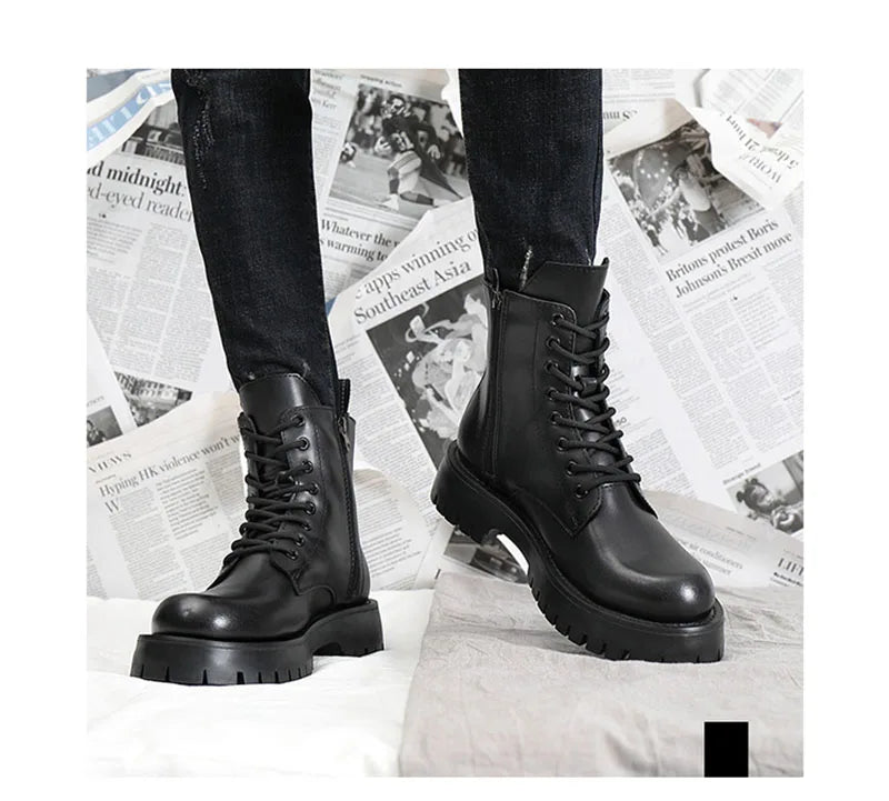2025 Autumn Winter Shoes Men Leather Boots Thick Sole Non-slip Warm Plush Cold Winter Cow Leather Male Ankle Botas Black KA4867