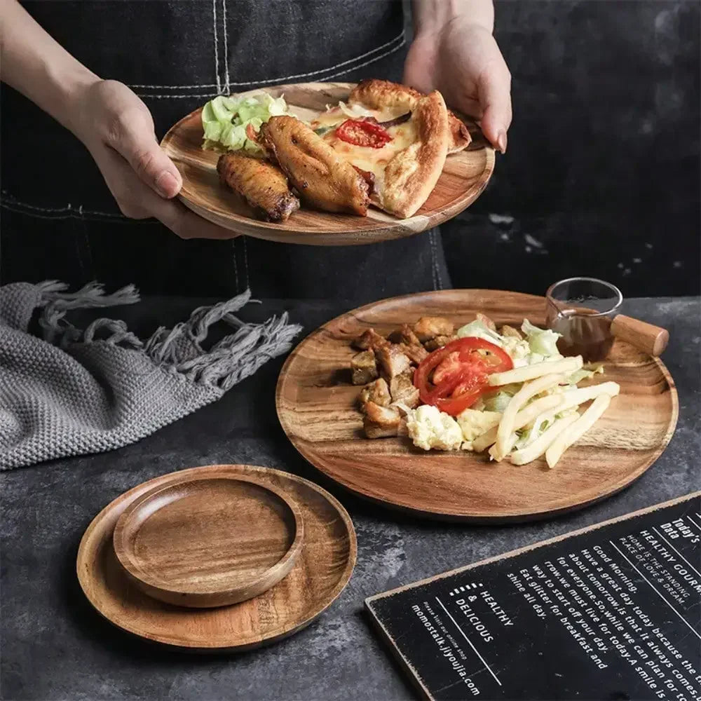 1Pc Wood Serving Plate Handmade Kitchen Dinner Plate with Grooved Handle Tray Durable Tableware Home Kitchen Supplies Gadgets