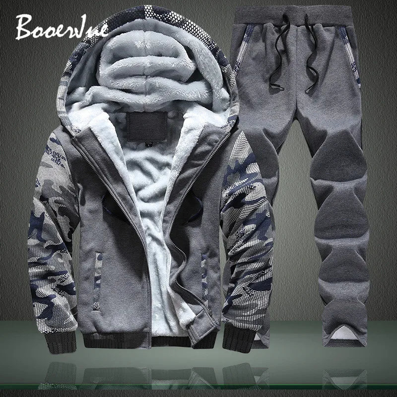 New Winter Tracksuits Men Set Thick Fleece Hoodies+Pants Suit Zipper Hooded Sweatshirt Sportswear Set Male Hoodie Sporting Suits