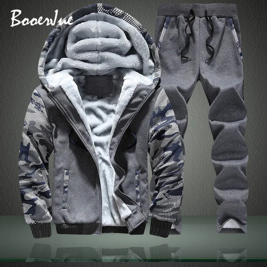New Winter Tracksuits Men Set Thick Fleece Hoodies+Pants Suit Zipper Hooded Sweatshirt Sportswear Set Male Hoodie Sporting Suits