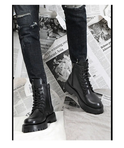 2025 Autumn Winter Shoes Men Leather Boots Thick Sole Non-slip Warm Plush Cold Winter Cow Leather Male Ankle Botas Black KA4867