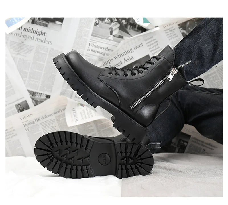 2025 Autumn Winter Shoes Men Leather Boots Thick Sole Non-slip Warm Plush Cold Winter Cow Leather Male Ankle Botas Black KA4867