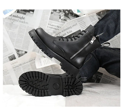 2025 Autumn Winter Shoes Men Leather Boots Thick Sole Non-slip Warm Plush Cold Winter Cow Leather Male Ankle Botas Black KA4867