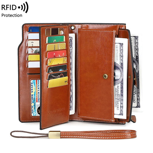 RFID retro large capacity long wallet Solid color multi-card women's purse Multi-function zipper wallet with wrist strap