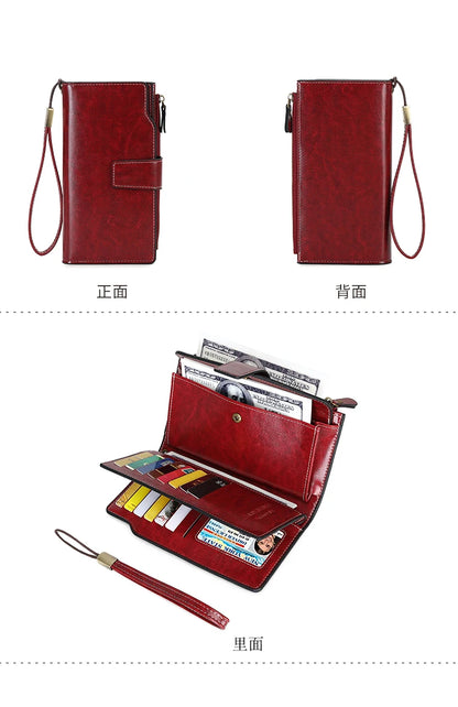 RFID retro large capacity long wallet Solid color multi-card women's purse Multi-function zipper wallet with wrist strap