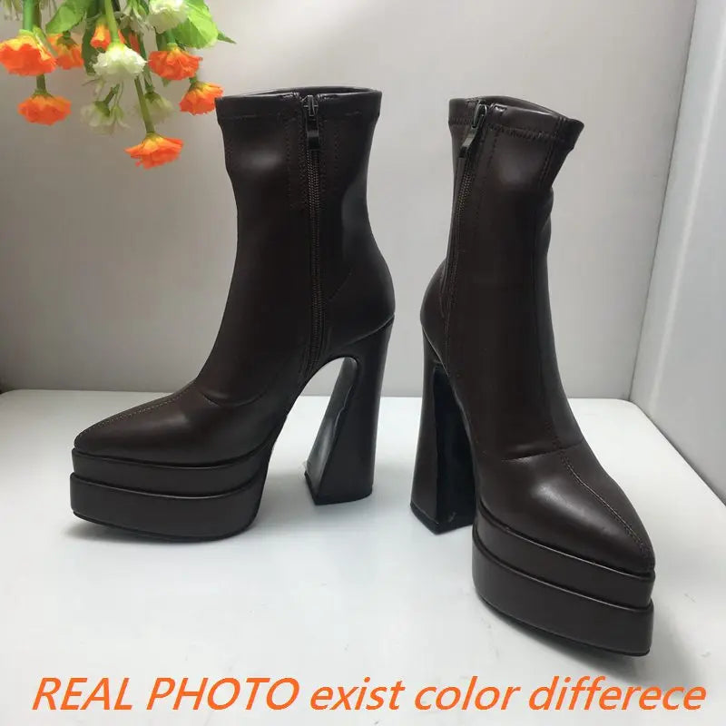 REAVE CAT Ladies Boots 15cm Shaft Stretchy Pointed Toe High Heel 6 inch Platform 5cm Big Size 46 Party