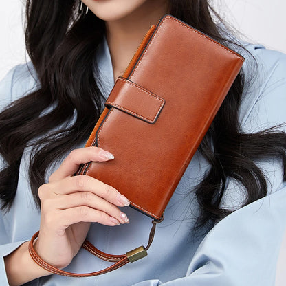 RFID retro large capacity long wallet Solid color multi-card women's purse Multi-function zipper wallet with wrist strap