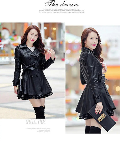 Women Leather Coat New Mid-Length 2025 5XL Lady Leather Windbreaker Jacket Autumn Wear clothing Bomber streetwear Casual Outwear