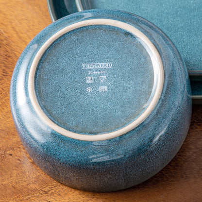 vancasso 12/24Piece Ceramic Plate Set Blue Reactive Glaze Vertical edge Tableware Set with 4/8PCS Dinner Plate/Dessert/Bowl