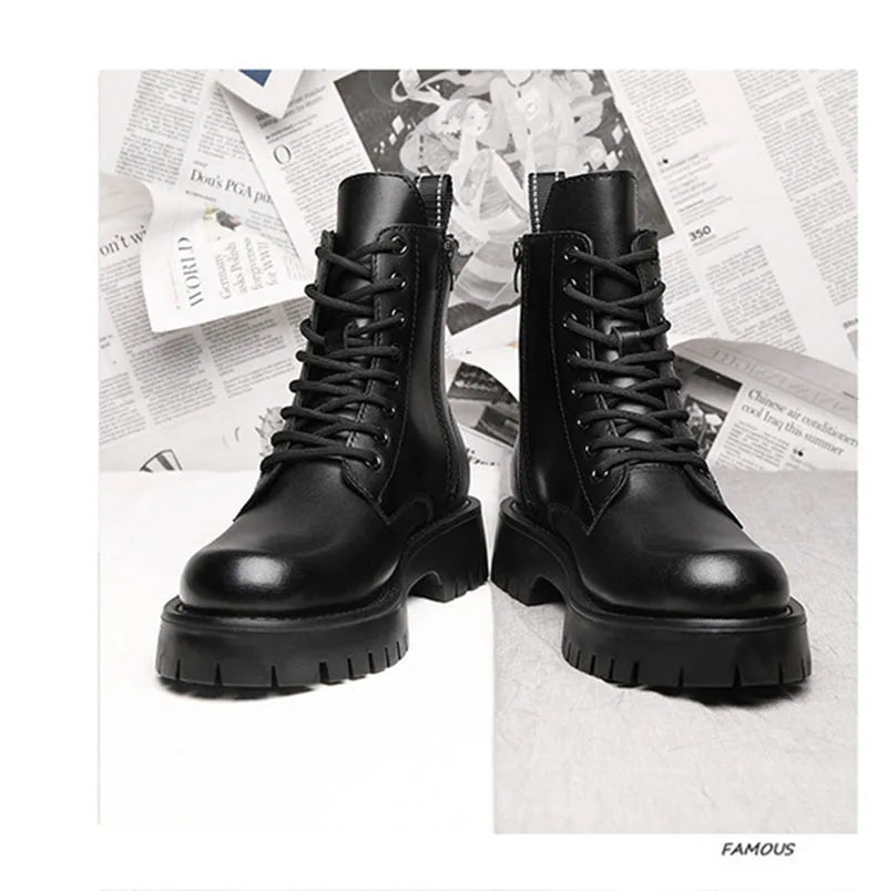 2025 Autumn Winter Shoes Men Leather Boots Thick Sole Non-slip Warm Plush Cold Winter Cow Leather Male Ankle Botas Black KA4867