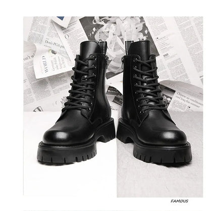 2025 Autumn Winter Shoes Men Leather Boots Thick Sole Non-slip Warm Plush Cold Winter Cow Leather Male Ankle Botas Black KA4867