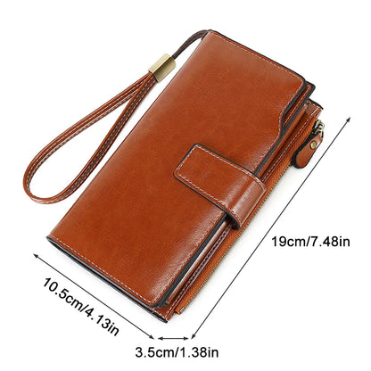 RFID retro large capacity long wallet Solid color multi-card women's purse Multi-function zipper wallet with wrist strap