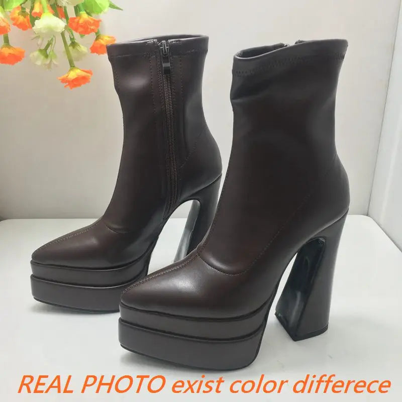 REAVE CAT Ladies Boots 15cm Shaft Stretchy Pointed Toe High Heel 6 inch Platform 5cm Big Size 46 Party