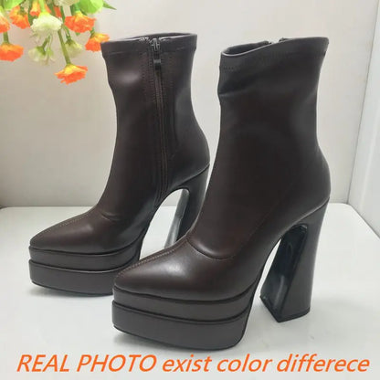 REAVE CAT Ladies Boots 15cm Shaft Stretchy Pointed Toe High Heel 6 inch Platform 5cm Big Size 46 Party
