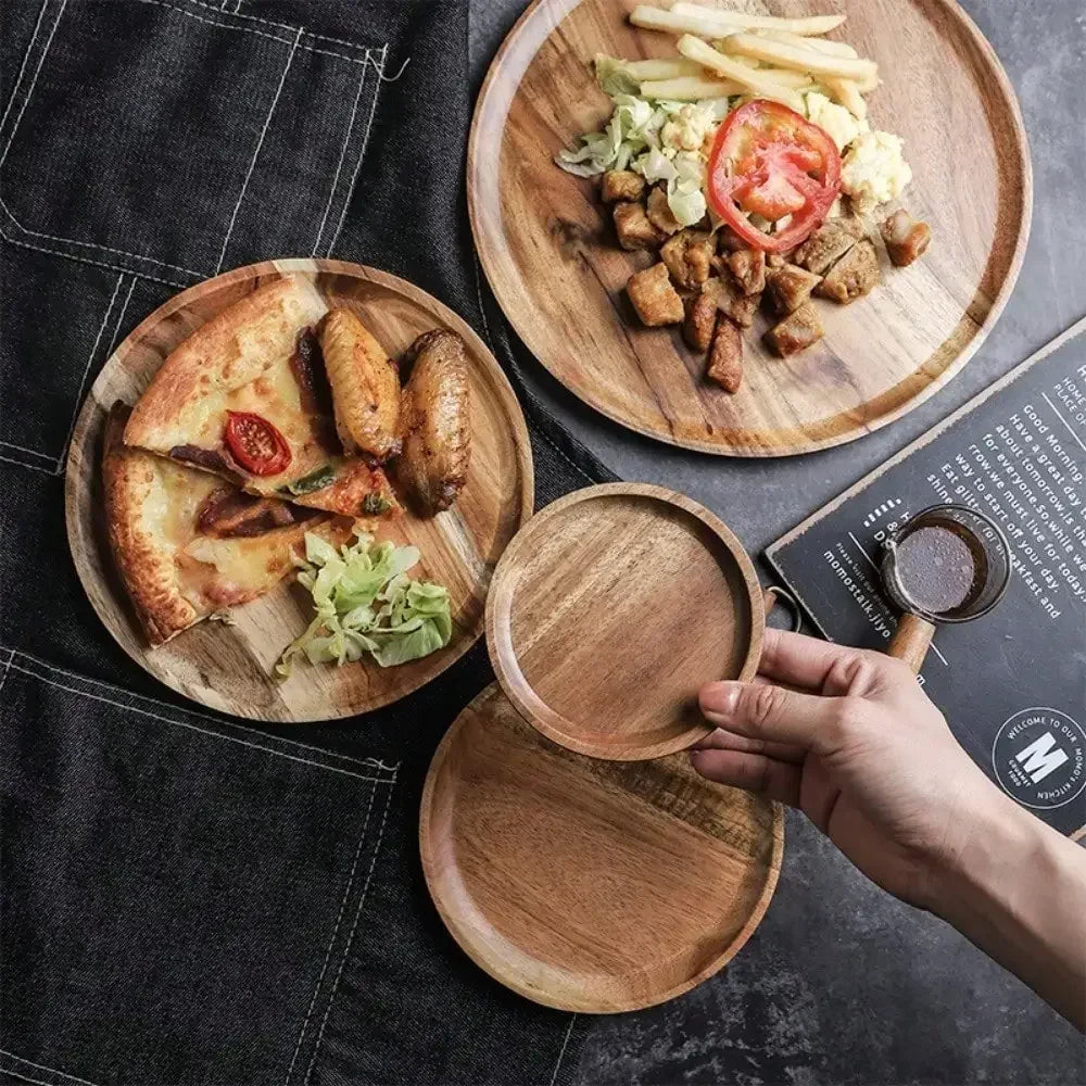 1Pc Wood Serving Plate Handmade Kitchen Dinner Plate with Grooved Handle Tray Durable Tableware Home Kitchen Supplies Gadgets